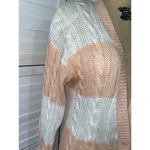 VINTAGE 80s Hunters Run Sweater Women’s White Peach Cardigan Ramie Cotton Medium - Picture 2 of 9